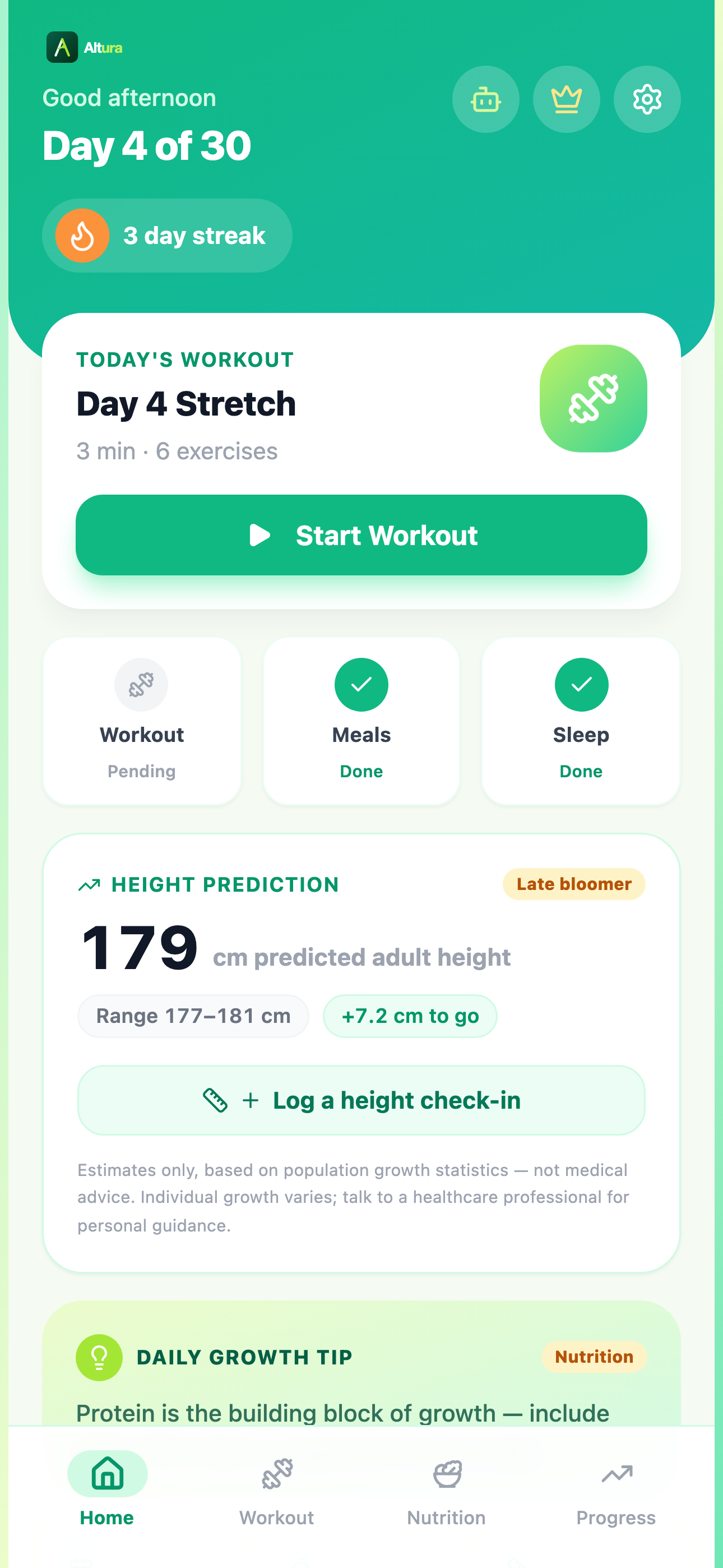 Altura home dashboard showing today's daily workout and current streak