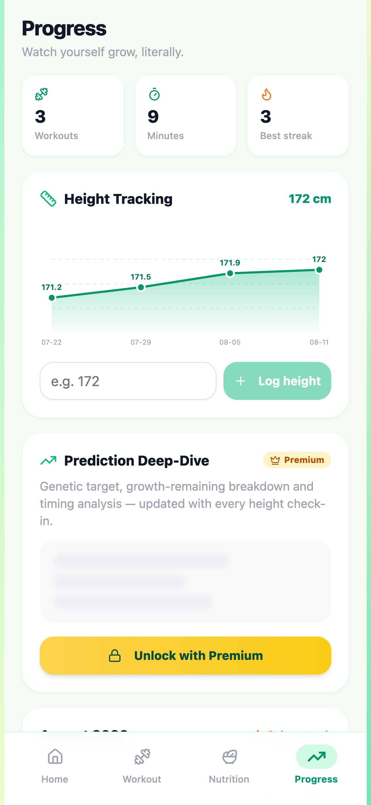 Altura progress screen with height check-in trend charts