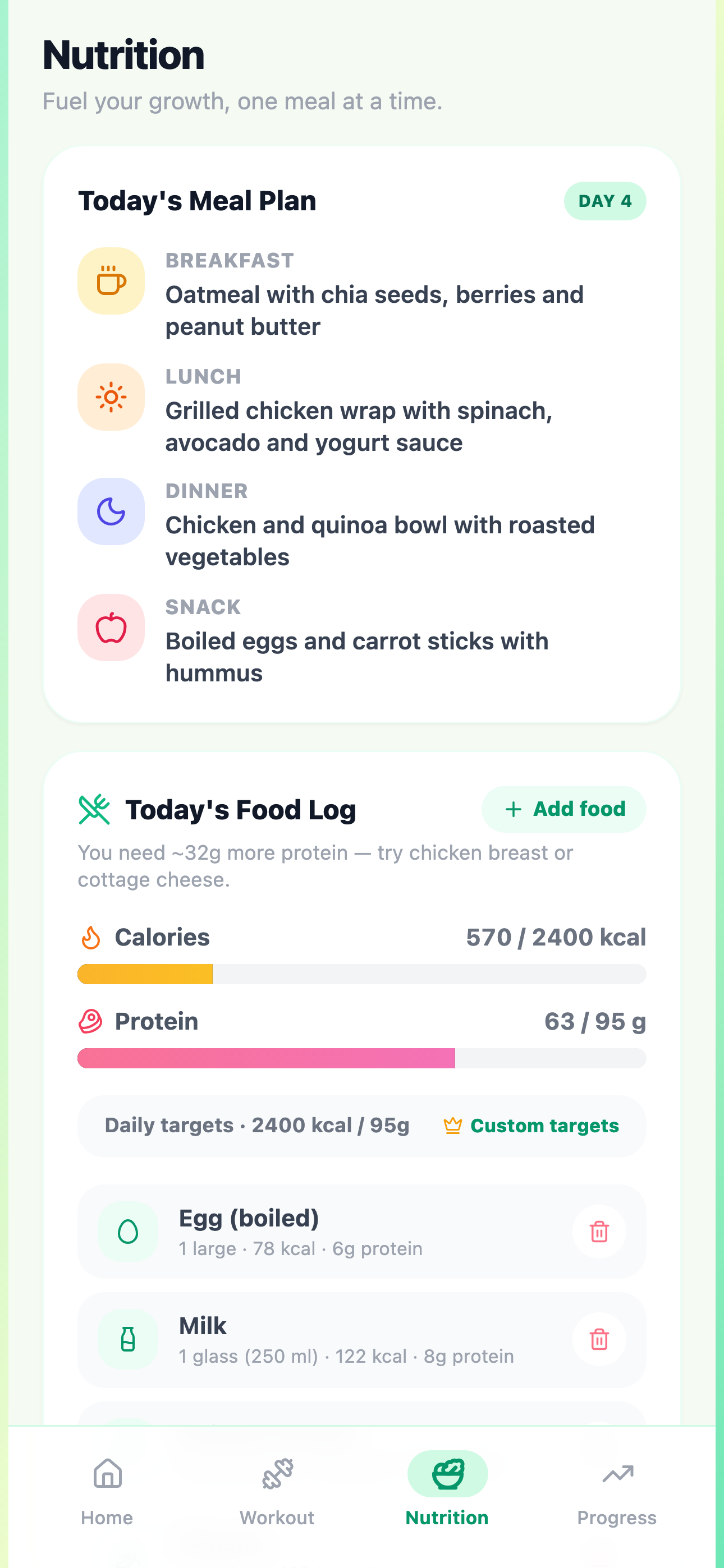 Altura sleep and nutrition tracking screen