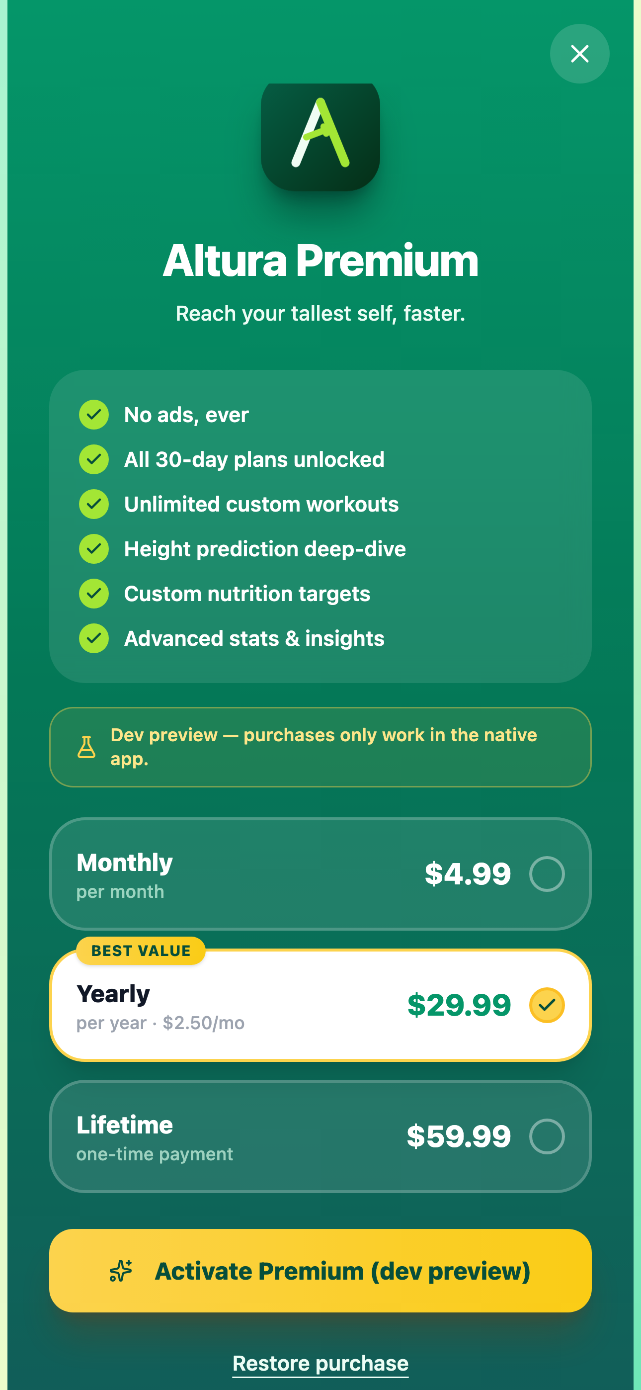 Altura Premium upgrade screen