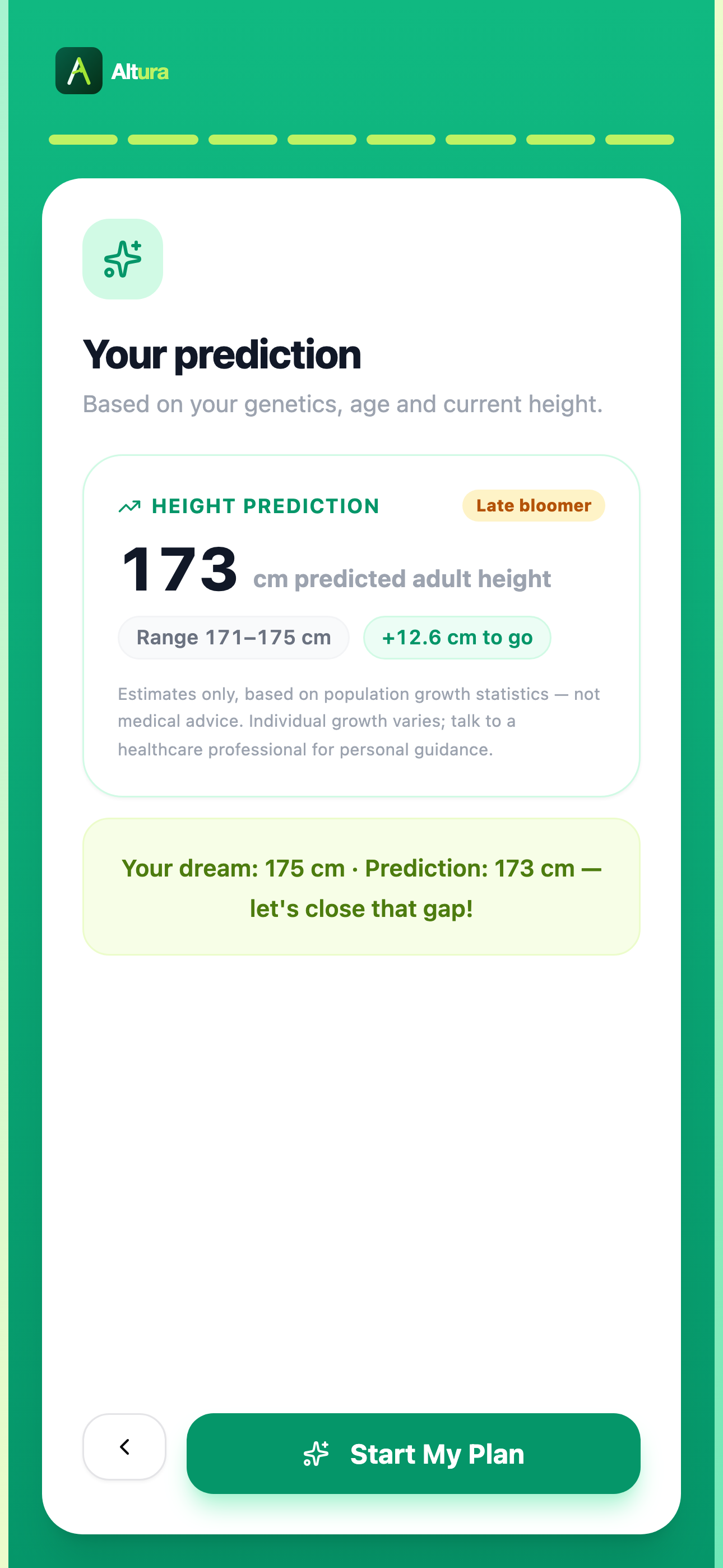 Altura onboarding screen showing a personal adult-height estimate result